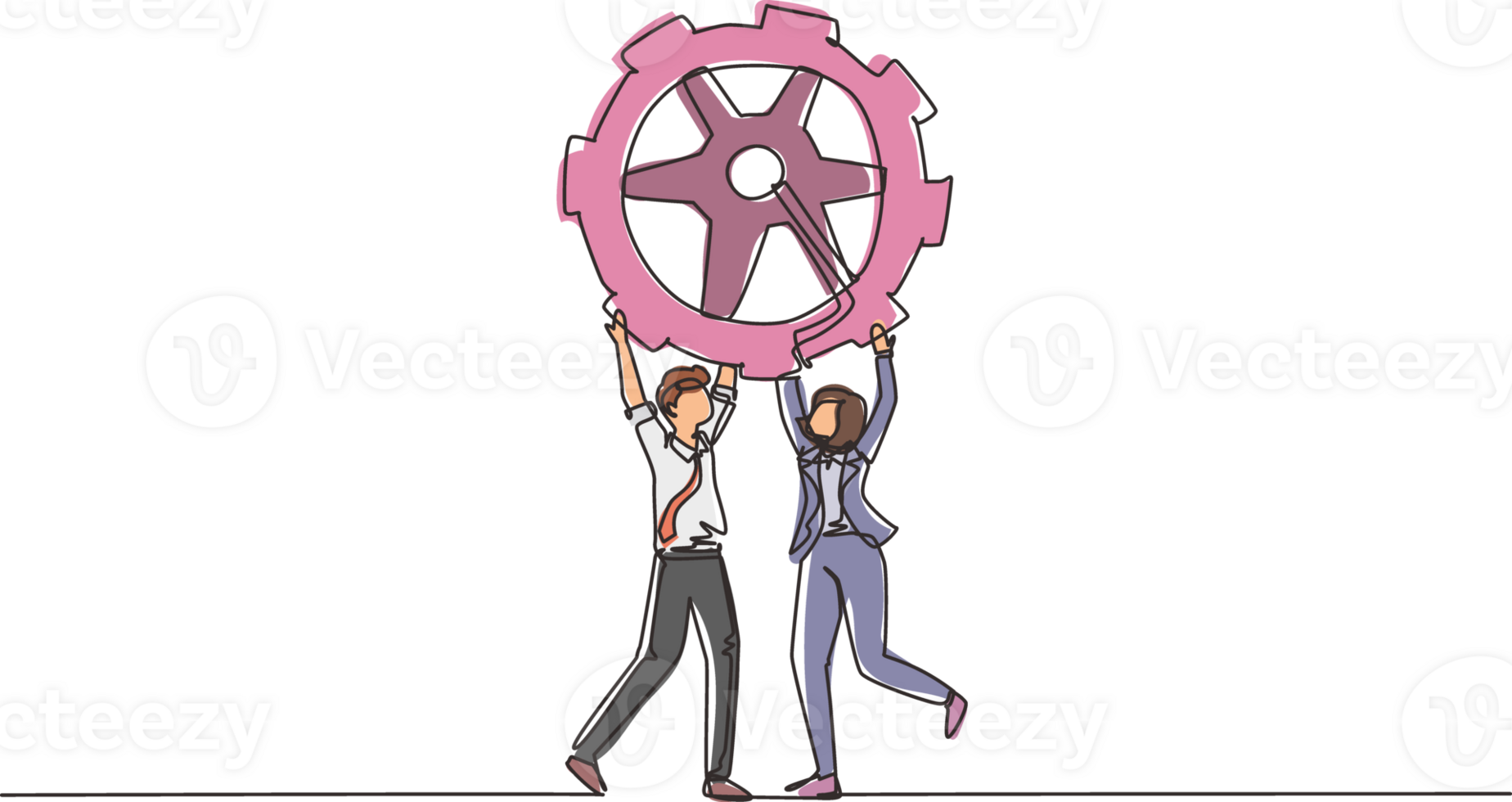Single continuous line drawing collaboration. Man and woman lifting gears. People working with cogs. Professional teamwork process cooperation concept. One line draw design graphic illustration png