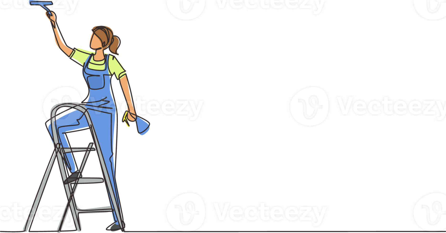 Single one line drawing woman cleaner standing on ladder, washing with wiper. Cleaning service, cleaning tools, washing sponge, house cleaning, housework. Continuous line design illustration png