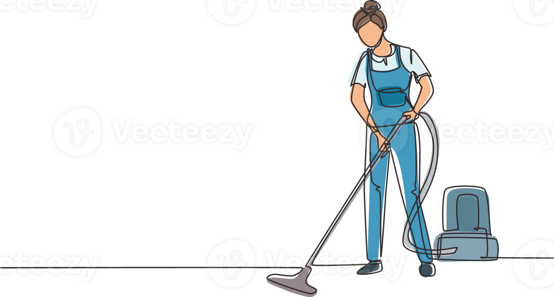 Single one line drawing female professional busy janitor vacuum cleaning indoor, floor office cleaning, young, happy, wearing uniform, protective glove. Continuous line draw design illustration png