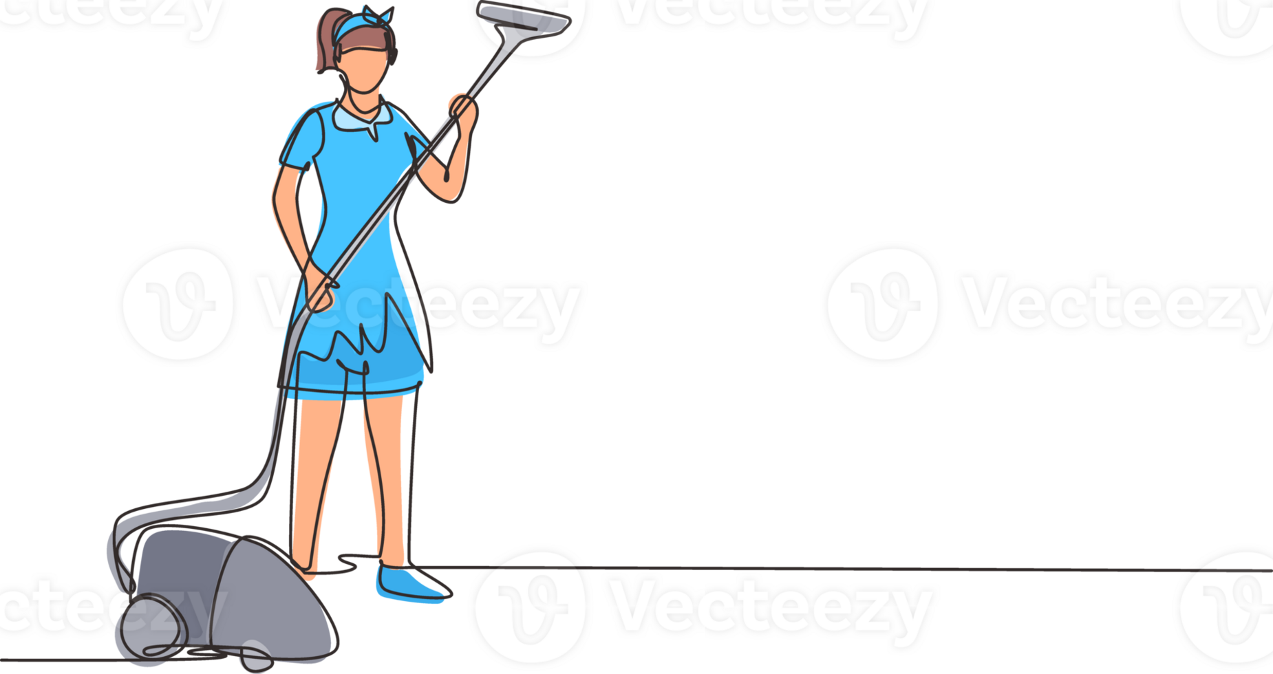 Single one line drawing young woman works at home, do cleaning in uniform. Home vacuum cleaner. Household home appliances. Disinfection and cleaning. Continuous line draw design illustration png