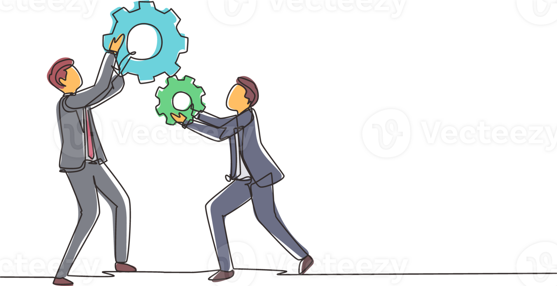 single een lijn tekening team van bedrijf tech mensen houden omhoog technologie uitrusting samenwerking oplossing. zakenlieden hijs- twee radertjes wiel werk samen. doorlopend lijn trek ontwerp illustratie png