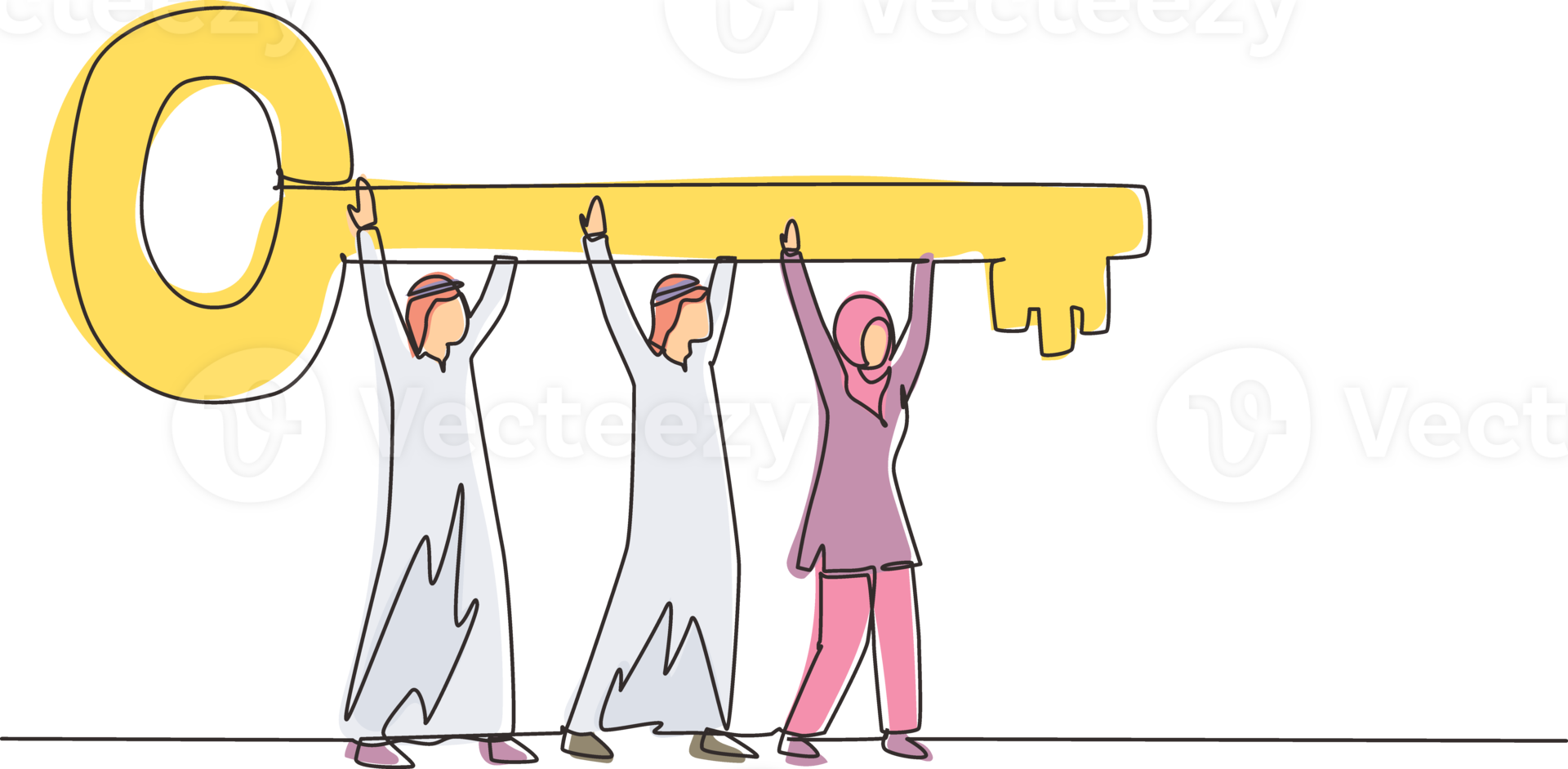 Single continuous line drawing business teamwork key of success concept. Arab businessman working in team. People lifting key of success, stepping forward to open future. One line draw design png