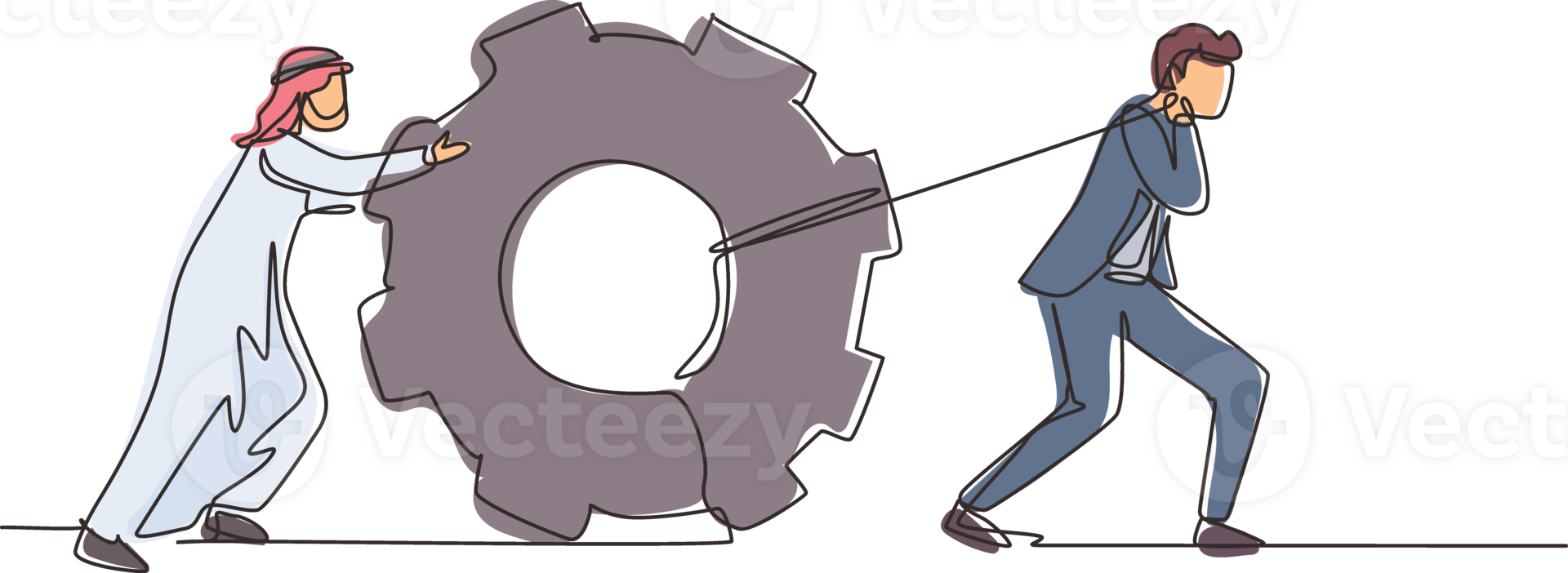 Single continuous line drawing Arabian business men pulling large gear on rope. Business leader help team pull cog, businessman push gear, business concept. One line draw design illustration png