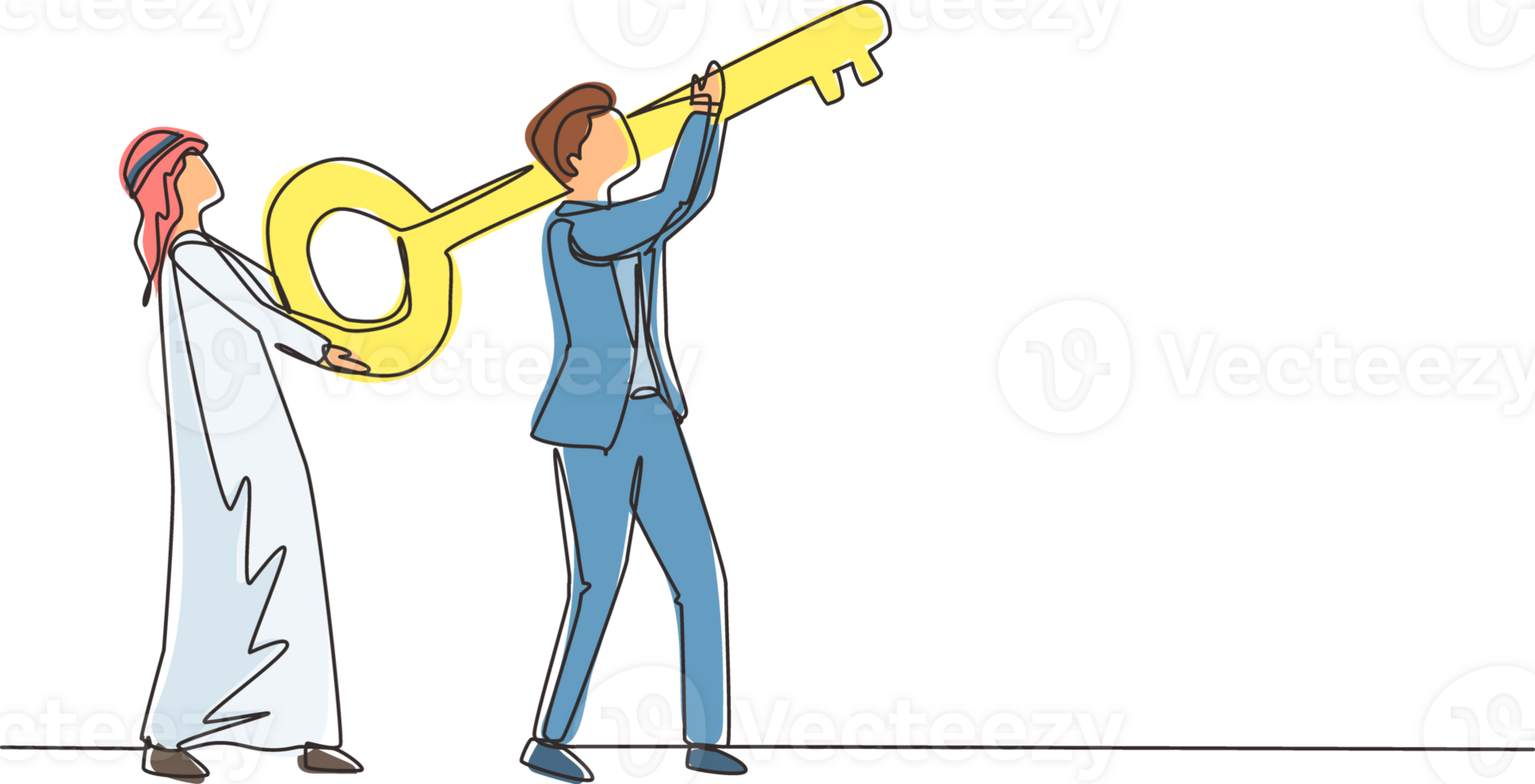Single one line drawing two Arab businessman hold together key to open locked door. Knowledge can lead to success. People carrying big key to have access to place. Continuous line draw design png