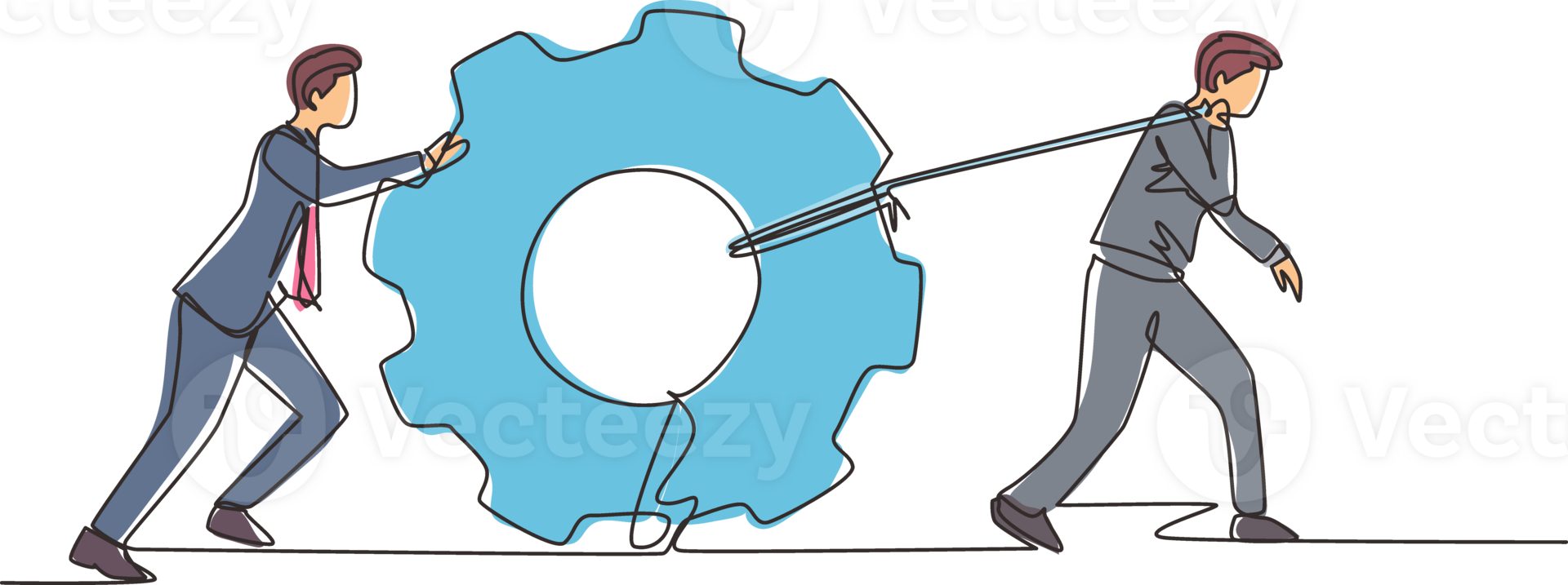 Single one line drawing business men pulling large gear on rope. Business leader help team pull cog, businessman push gear, business concept. Continuous line draw design graphic illustration png