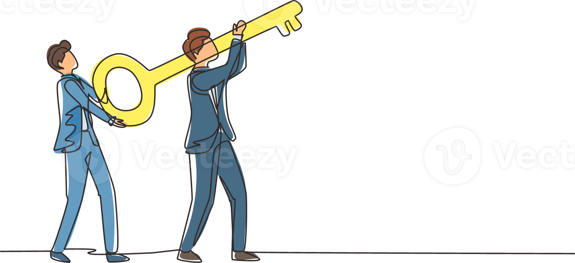 contínuo 1 linha desenhando dois homem aguarde juntos chave para aberto trancado porta. conhecimento, parceria pode conduzir para sucesso. pessoas carregando grande chave para ter Acesso para lugar. solteiro linha desenhar Projeto png