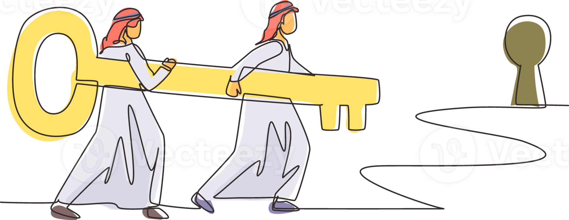 Continuous one line drawing Arabian business men standing in front of keyhole with big key. Business team holding key to success. Two man carrying huge key. Single line draw design illustration png