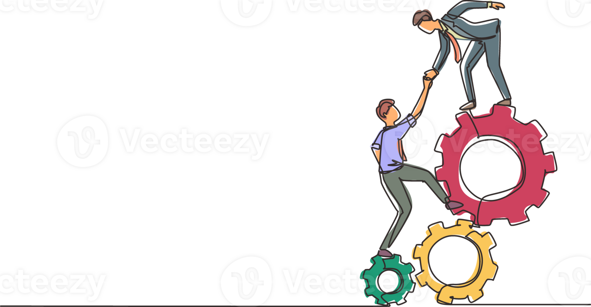 single een lijn tekening twee jong zakenlieden helpen elk andere naar Gaan omhoog naar stapel van tandwielen. samenspel mensen vertrouwen bijstand. technologie uitrusting samenwerking oplossing. doorlopend lijn trek ontwerp png