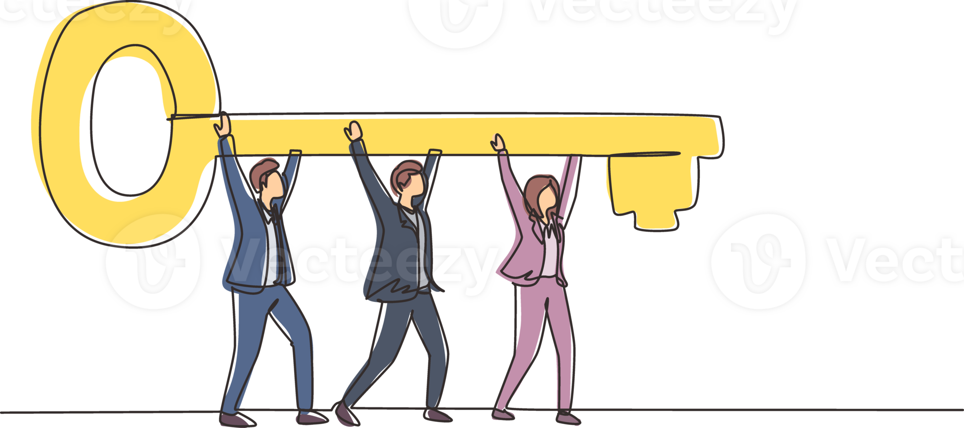 Single continuous line drawing business teamwork key of success concept. Businessman working in team. People lifting key of success, stepping forward to open bright future. One line draw design png