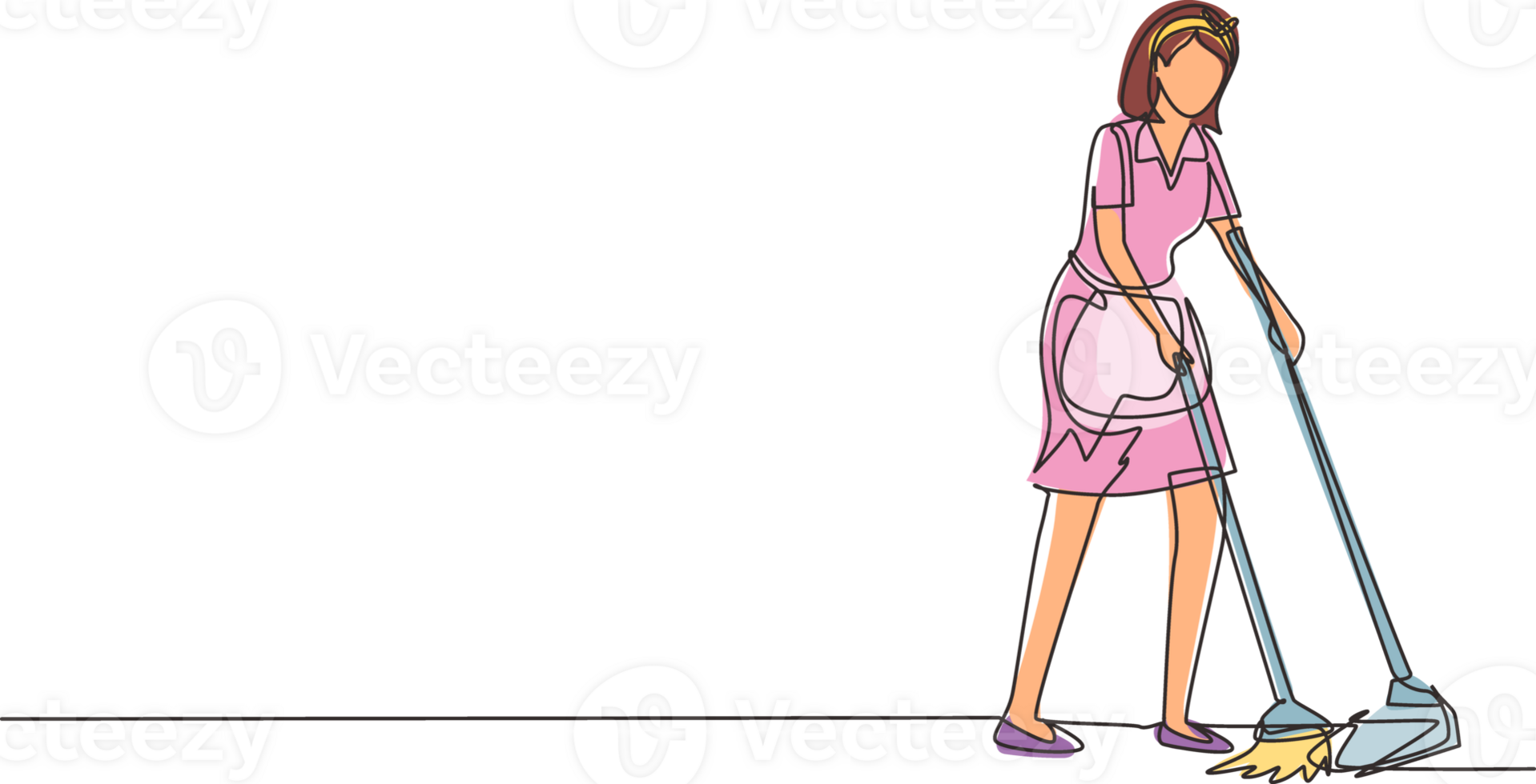 Continuous one line drawing housekeeping girl worker with broom