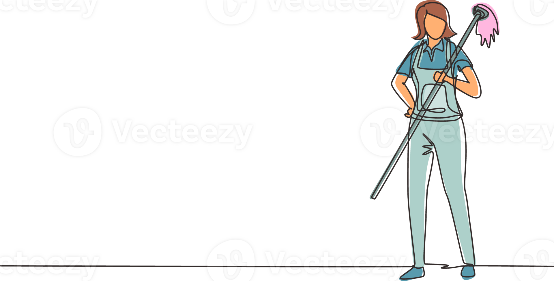 Single one line drawing happy female cleaning staff member holding mop in gloves. Concept of different people like working in cleaning service. Continuous line draw design png
