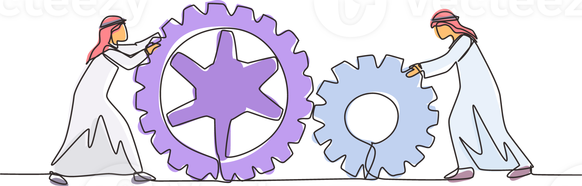 Continuous one line drawing two Arabic businessmen pushing big cogs together. Teamwork cooperation in gears mechanism. Men working on push gears, teamwork or leadership. Single line draw design png
