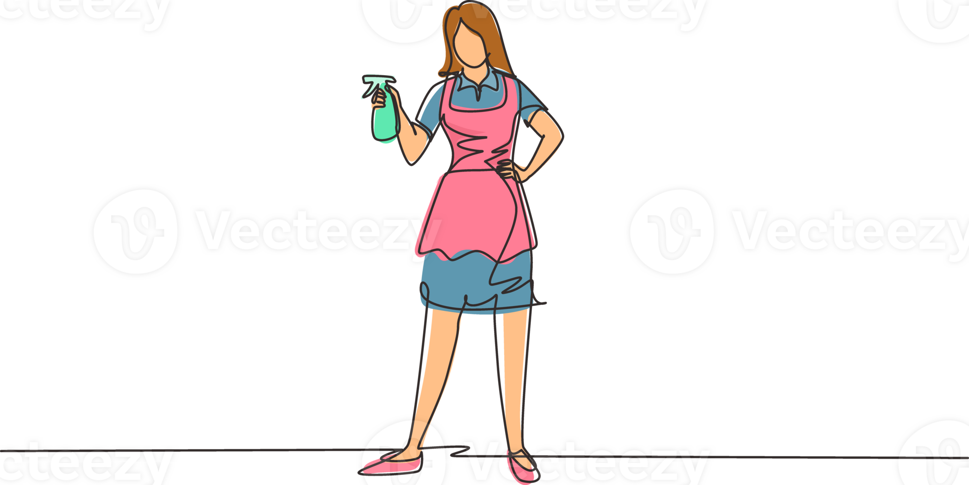Single continuous line drawing woman washing windows at home. Housework chores, female doing house work domestic duties. Girl cleaning, tidying up. Housekeeping routine. One line draw design png