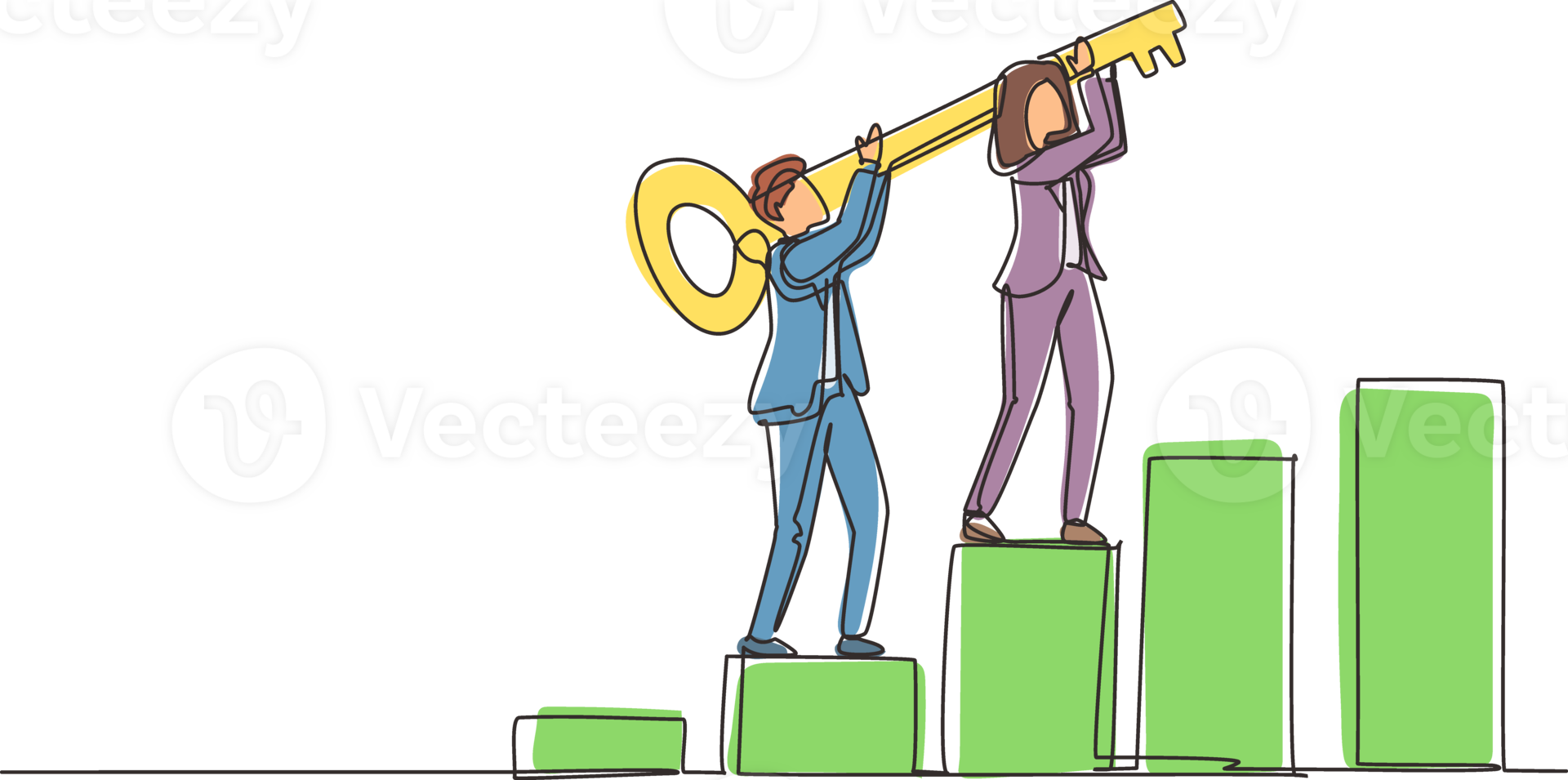 Continuous one line drawing teamwork, key to success. Unlock business solution concept. Businessman or entrepreneur with key climbing up column chart to win or success. Single line draw design png
