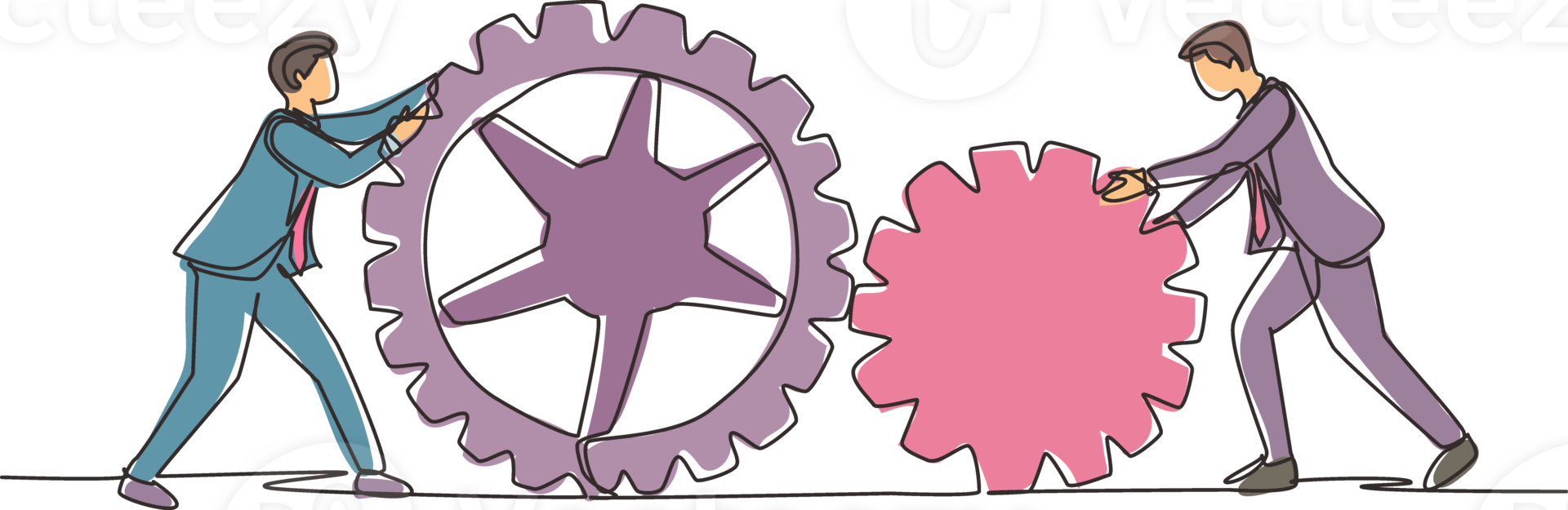 Single continuous line drawing two businessman pushing big cogs together. Teamwork cooperation in gears mechanism. Young men working on push gears, teamwork or leadership. One line draw design png