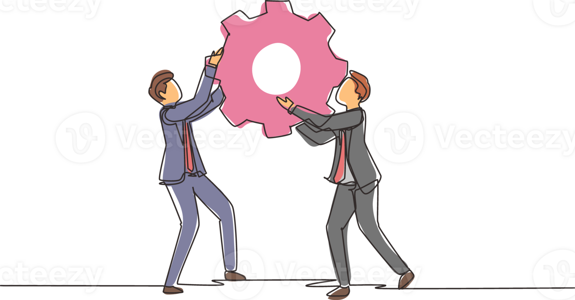 Continuous one line drawing two business men hold cogwheel work together ponder think strategy concept. Businessmen lifting gear. Collaboration. Single line draw design graphic illustration png