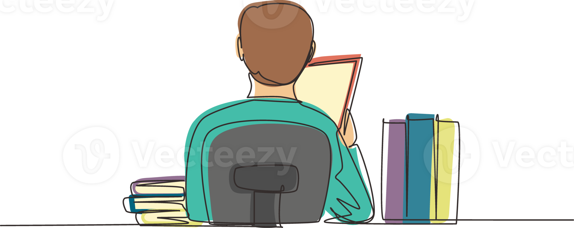 Continuous one line drawing back view of young man sitting at desk and reading book, student studying hard and preparing before exam with pile of books. Single line draw design illustration png