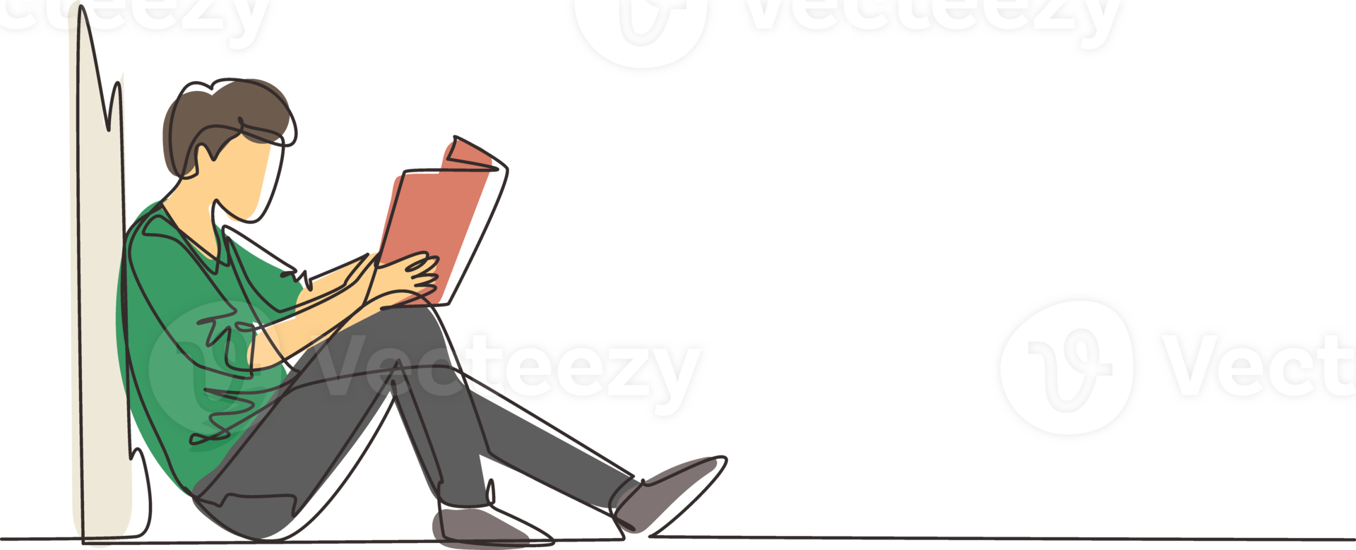 Continuous one line drawing young man sit on the floor, reclined on wall of library, read book. Guy studying and reading textbooks. Reader sitting on floor and learning. Single line draw design png