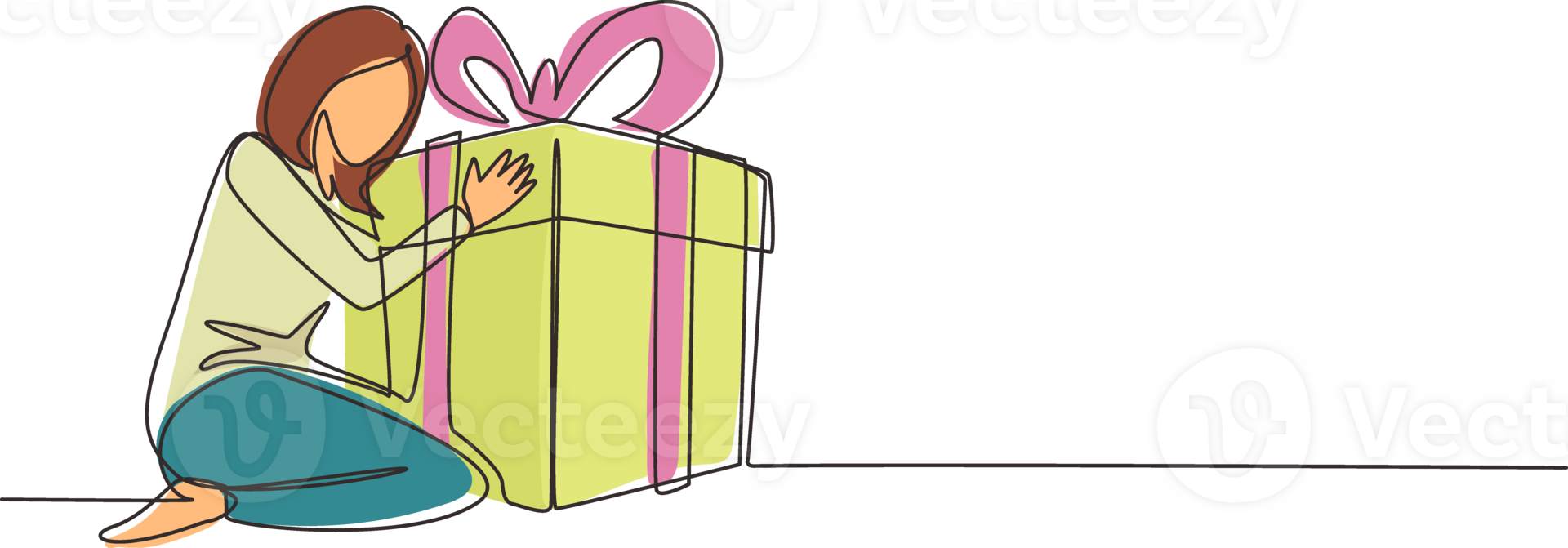 Single one line drawing joyful caucasian woman hugging huge birthday gift. Young satisfied female sitting near wrapped birthday gift box with ribbon. Continuous line draw design illustration png