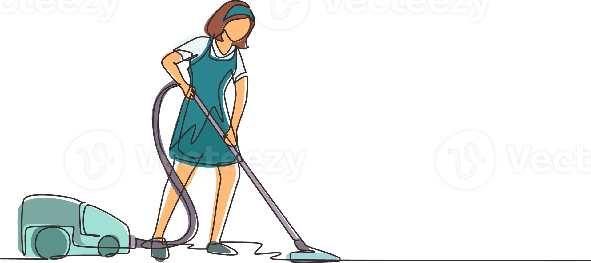 Continuous one line drawing woman with vacuum cleaners of various types isolated. Washing, cleaning service. Disinfection and cleaning. Single line draw design illustration png