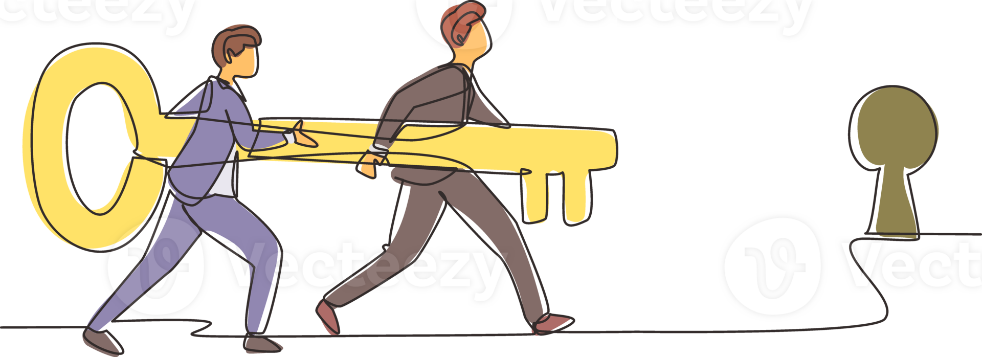 Single continuous line drawing business men standing in front of keyhole with big key. Business team holding key to success. Two business man carrying huge golden key. One line draw design png
