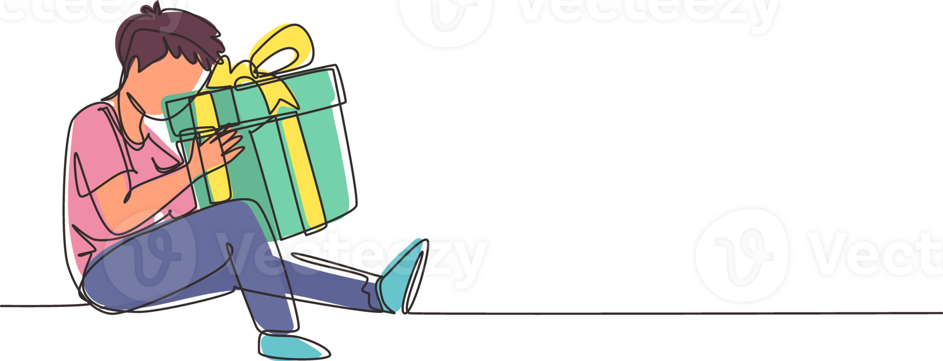 Single one line drawing cheerful boy sitting and hugging big gift box with ribbon bow wrapped in front of his in arms. Little kid accept birthday gift. Continuous line draw design illustration png