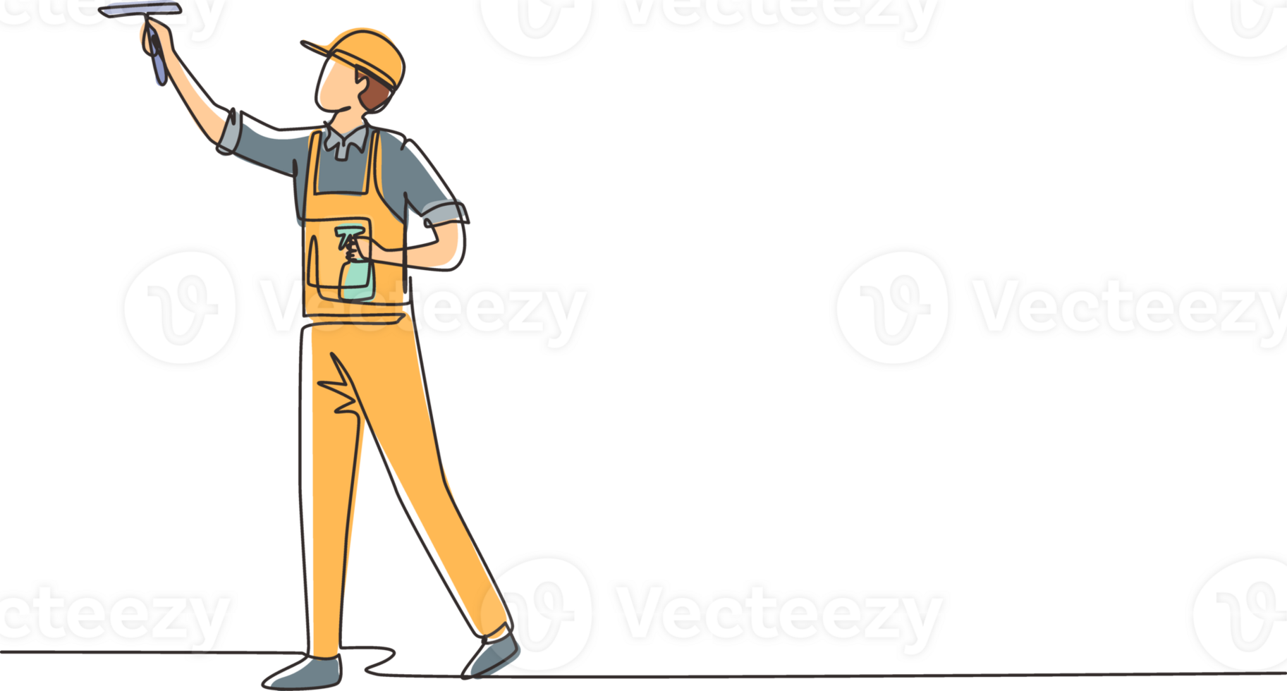 continuo uno linea disegno maschio professionale occupato bidello asciugandosi al chiuso, ufficio pulizia, finestra, pavimento lavaggio, giovane, felice, indossare complessivamente, berretto, protettivo guanti. singolo linea disegnare design png