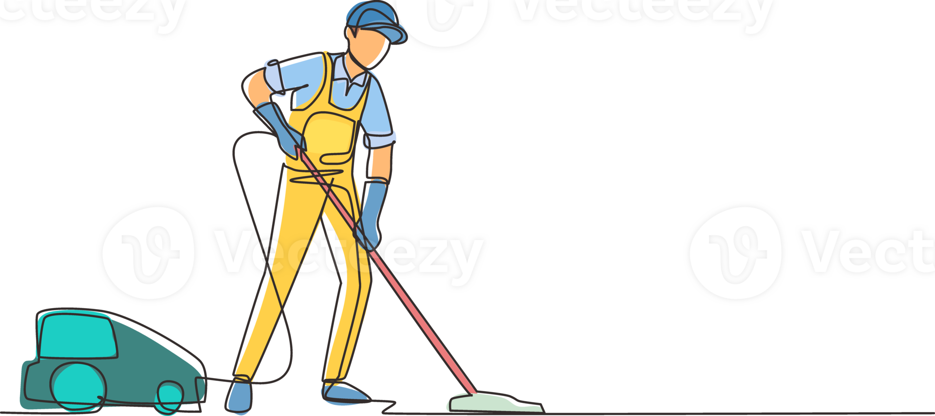 Single one line drawing man with vacuum cleaners of various types isolated on. Washing and cleaning service. Disinfection and cleaning. Continuous line draw design illustration png