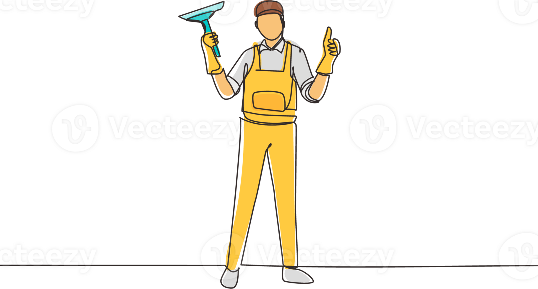 Continuous one line drawing window cleaner in uniform with professional equipment for cleaning windows. Man cleaning and rub windows of building using spray and wiper. Single line draw design png