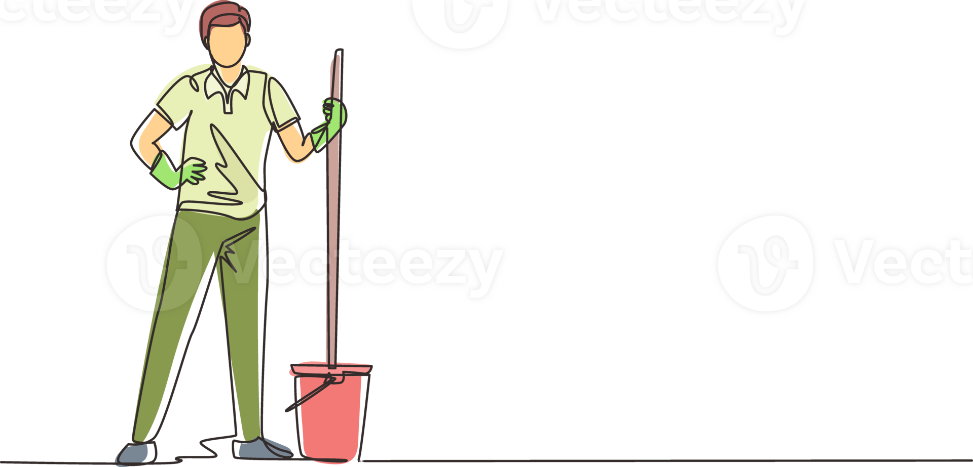 Single continuous line drawing young man with buckets and mops. Cleaning service. Male dressed in uniform with cleaning equipment. Professional cleaning staff. One line draw design illustration png