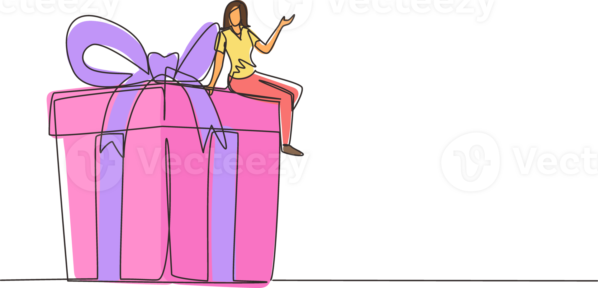 Single continuous line drawing businesswoman sitting on big gift box. Big present concept. Female sitting on big box with present. Happy person gets huge gift. One line draw design illustration png