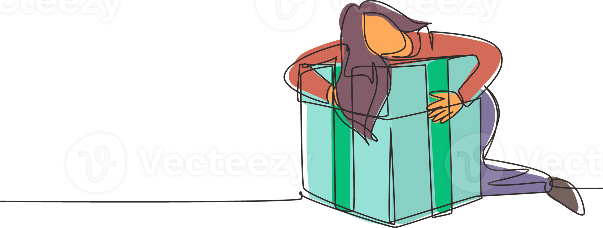 Single continuous line drawing happy woman hugging present box with love. Girl holding tightly in her arms cute gift box with bow. Present, gift, birthday, party concept. One line draw design png