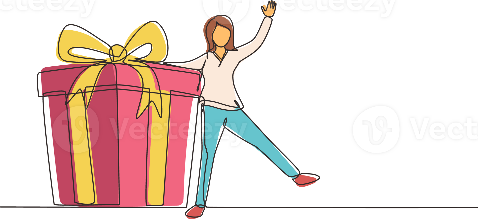 Single continuous line drawing loyalty program for regular clients. Businesswoman holds big gift box. Gift for holiday. Happy girl standing next to large gift. One line draw design illustration png