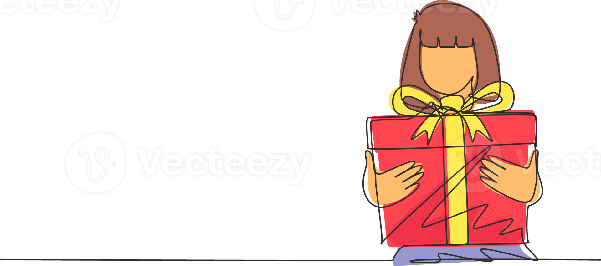 Single one line drawing cute girl holding big ribbon bow wrapped gift box in front of her in arms. Little girl carries holiday gift with big red bow in her hands. Continuous line draw design png