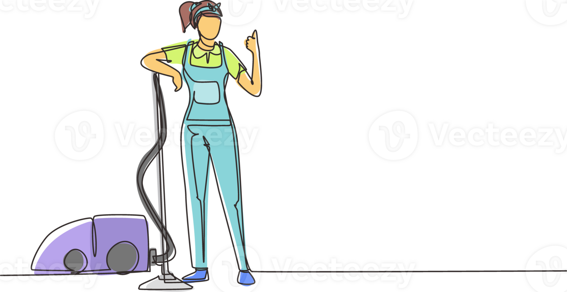 Single continuous line drawing worker of cleaning service. Woman dressed in uniform with vacuum cleaner. Washing, cleaning service. Disinfection and cleaning one line draw design illustration png