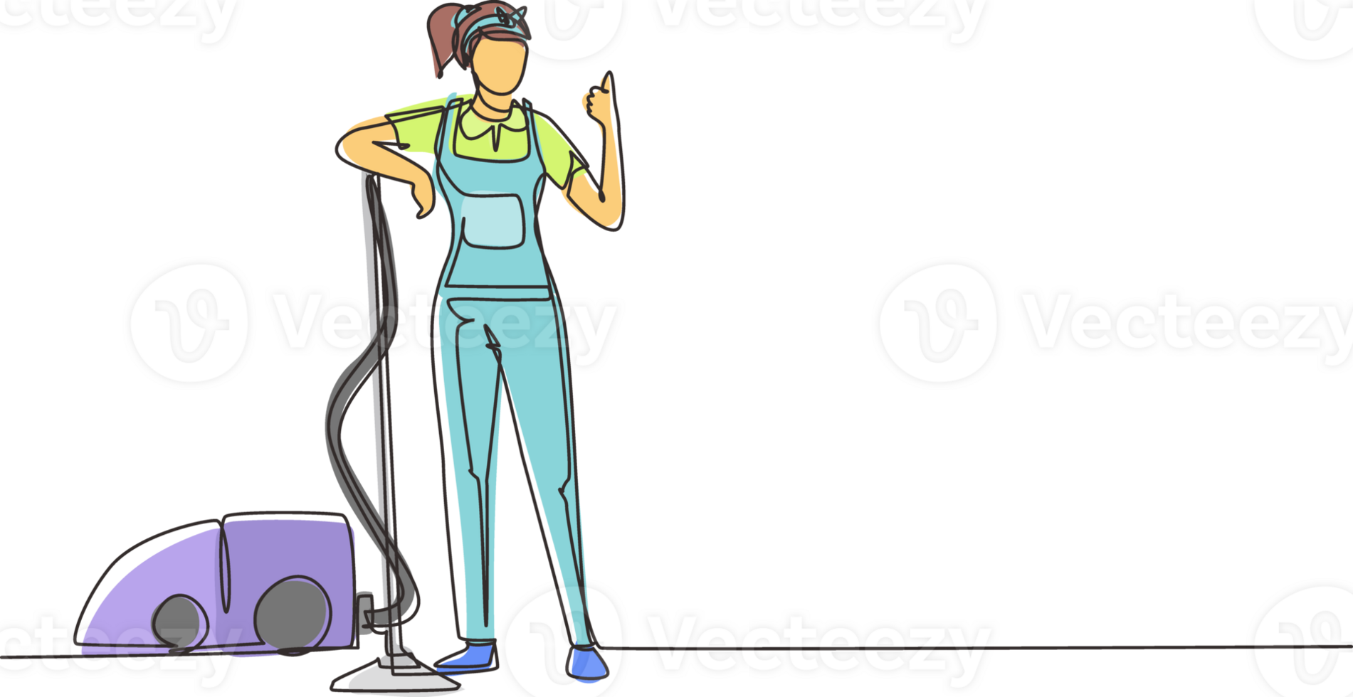 enda kontinuerlig linje teckning arbetstagare av rengöring service. kvinna klädd i enhetlig med Vakuum rengöringsmedel. tvättning, rengöring service. desinfektion och rengöring ett linje dra design illustration png