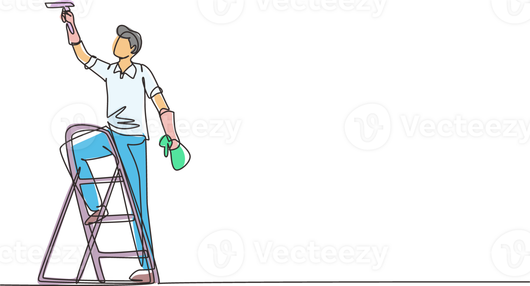 Continuous one line drawing cleaner standing on ladder, washing with sponge. Cleaning service, cleaning tools, washing sponge, house cleaning and housework. Single line draw design illustration png