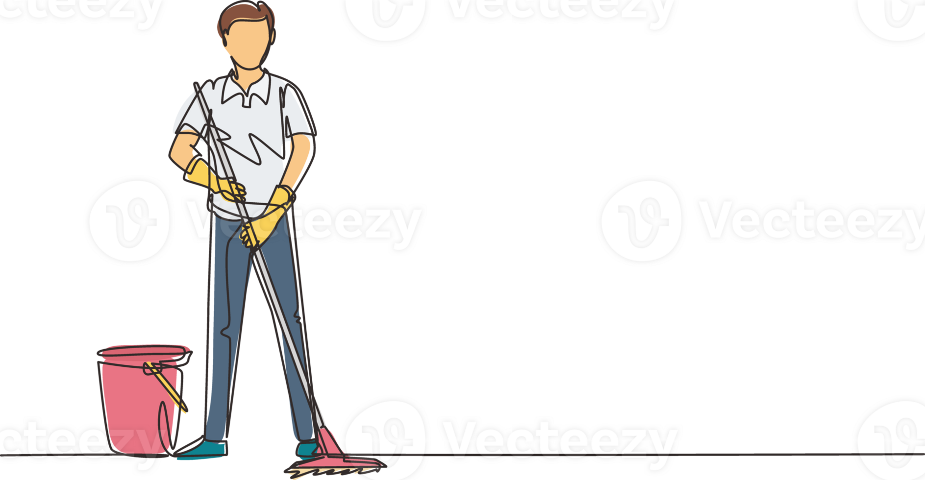 Single continuous line drawing cleaning company staff to work with the equipment. Man with buckets and mops. Domestic cleaner worker and cleaners equipment. One line draw design illustration png