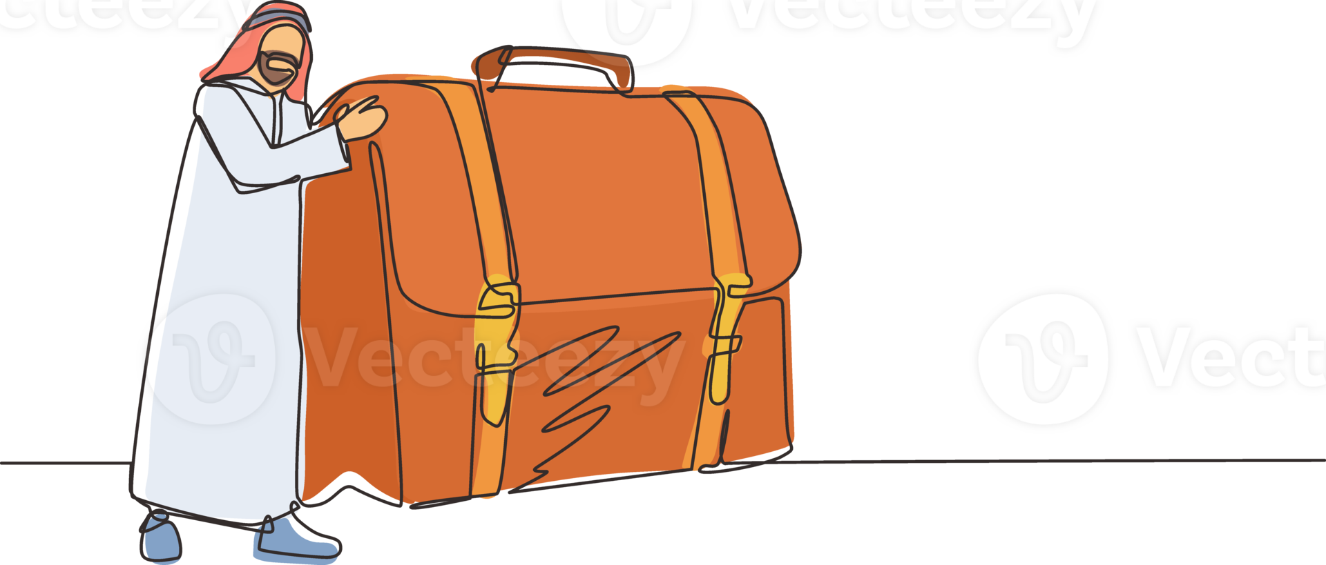 Single one line drawing joyful Arabian businessman hugs suitcase with money. Boss and case with cash. Successful business pleasure goal. Modern continuous line draw design graphic illustration png