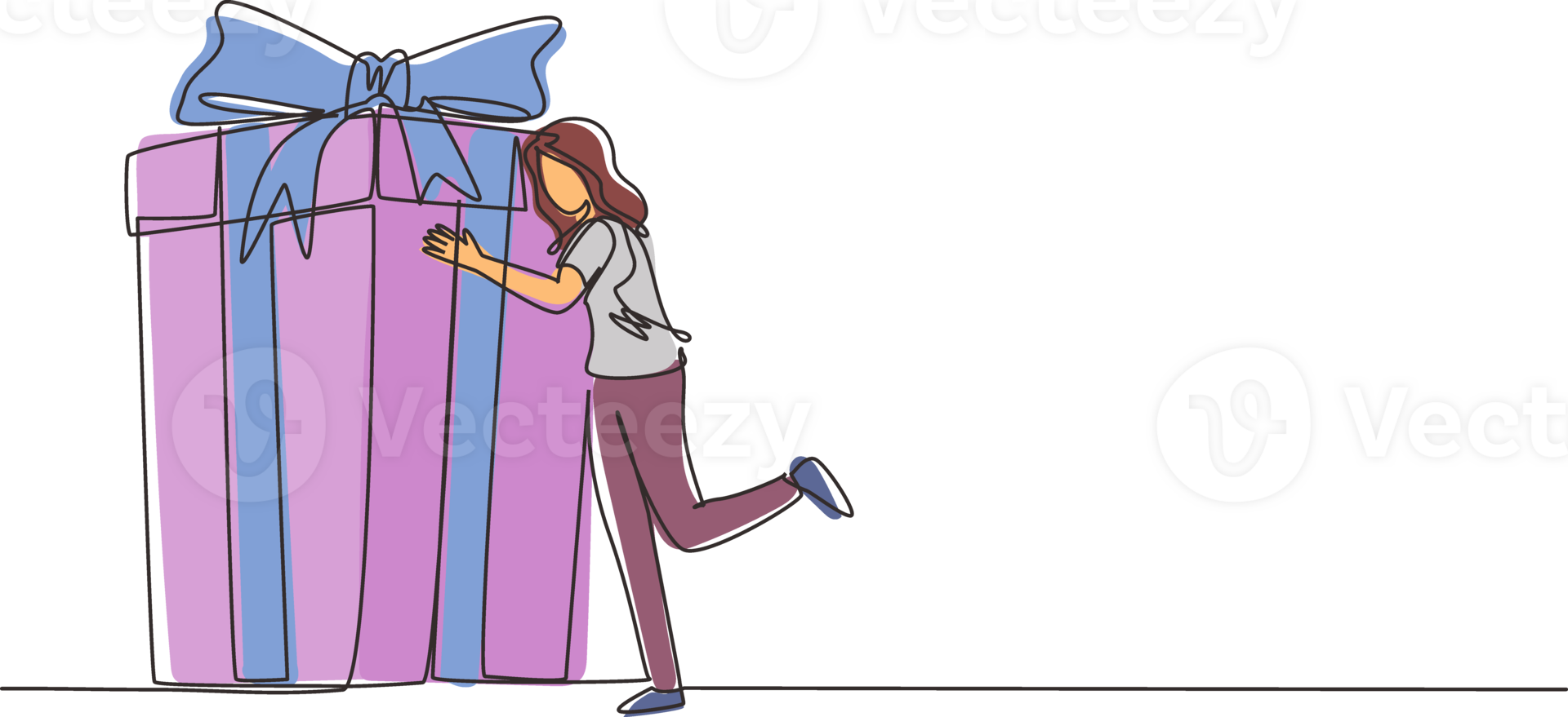 Single one line drawing girl hugging huge birthday gift. Young satisfied woman standing near wrapped birthday gift box with bow. Present, birthday. Continuous line draw design illustration png