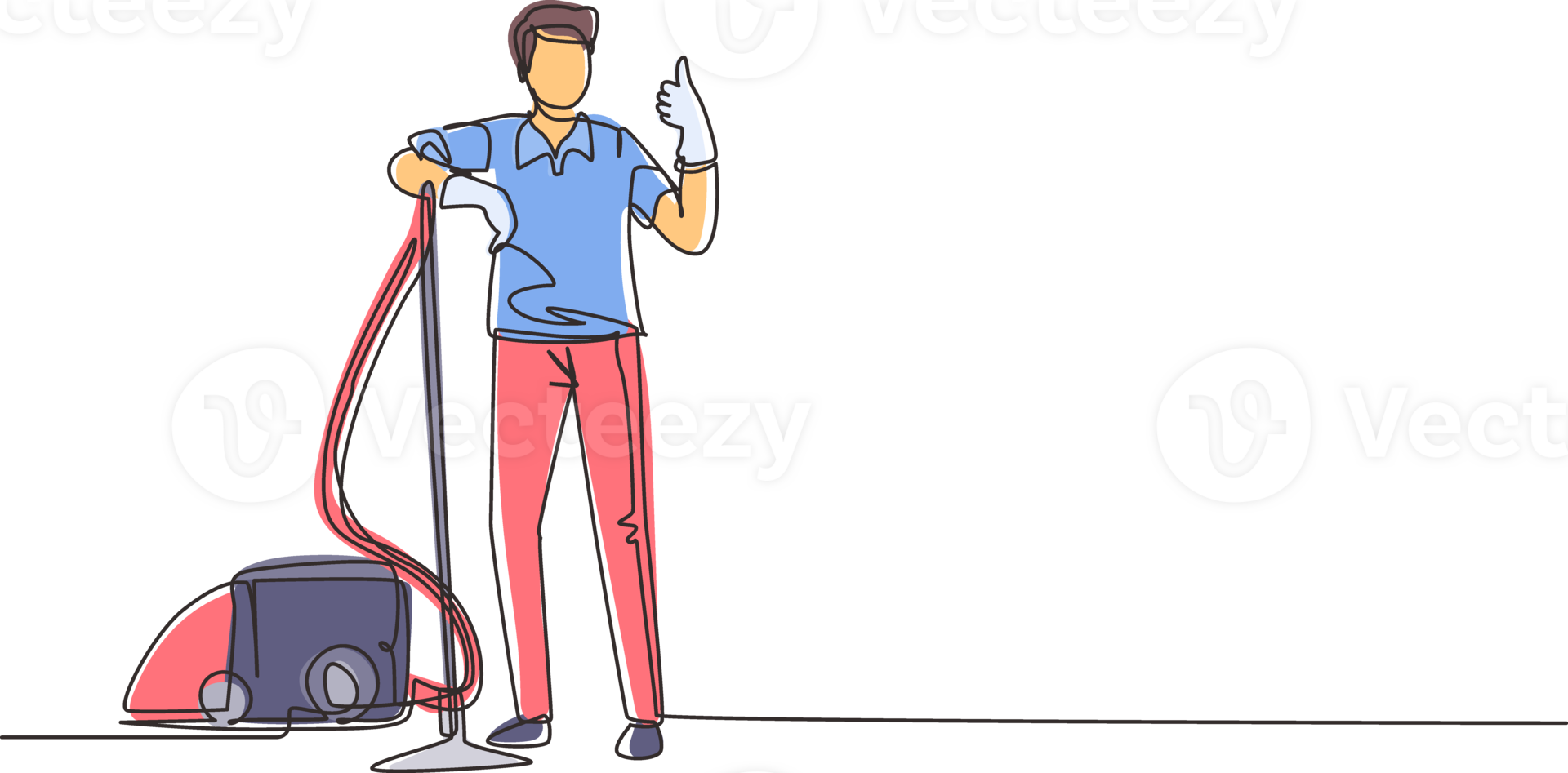 Single continuous line drawing worker of cleaning service. Man dressed in uniform with vacuum cleaner. Washing and cleaning service. Disinfection and cleaning. One line draw design illustration png