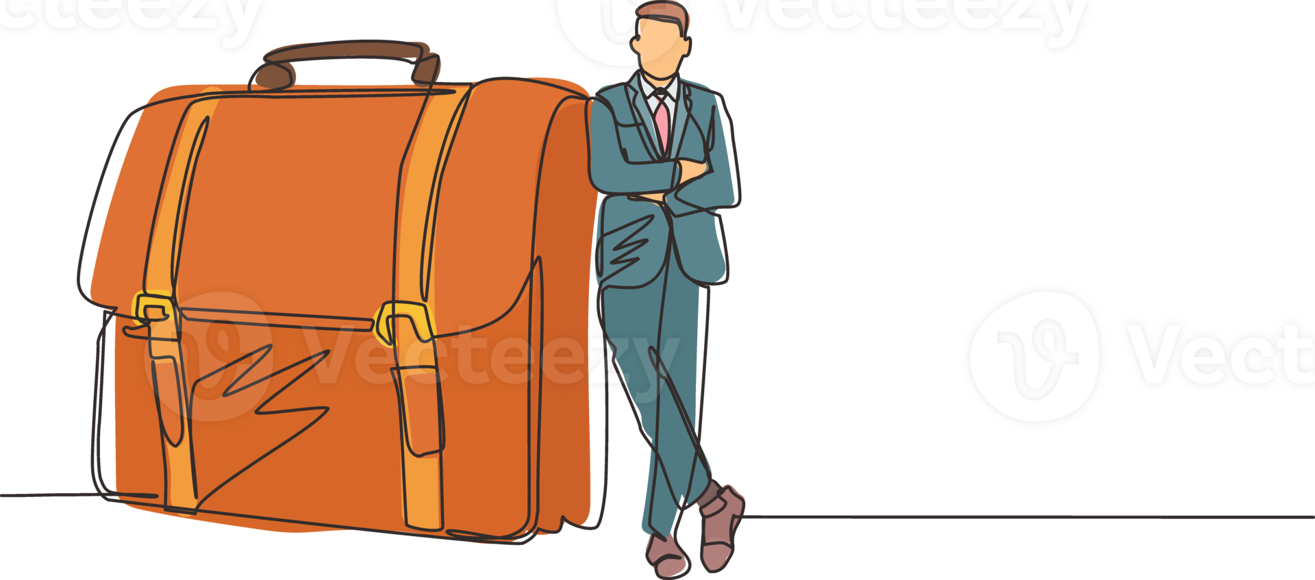 Single continuous line drawing modern confident male entrepreneur leaning on large briefcase. Happy businessman standing with elegance pose. Dynamic one line draw graphic design illustration png