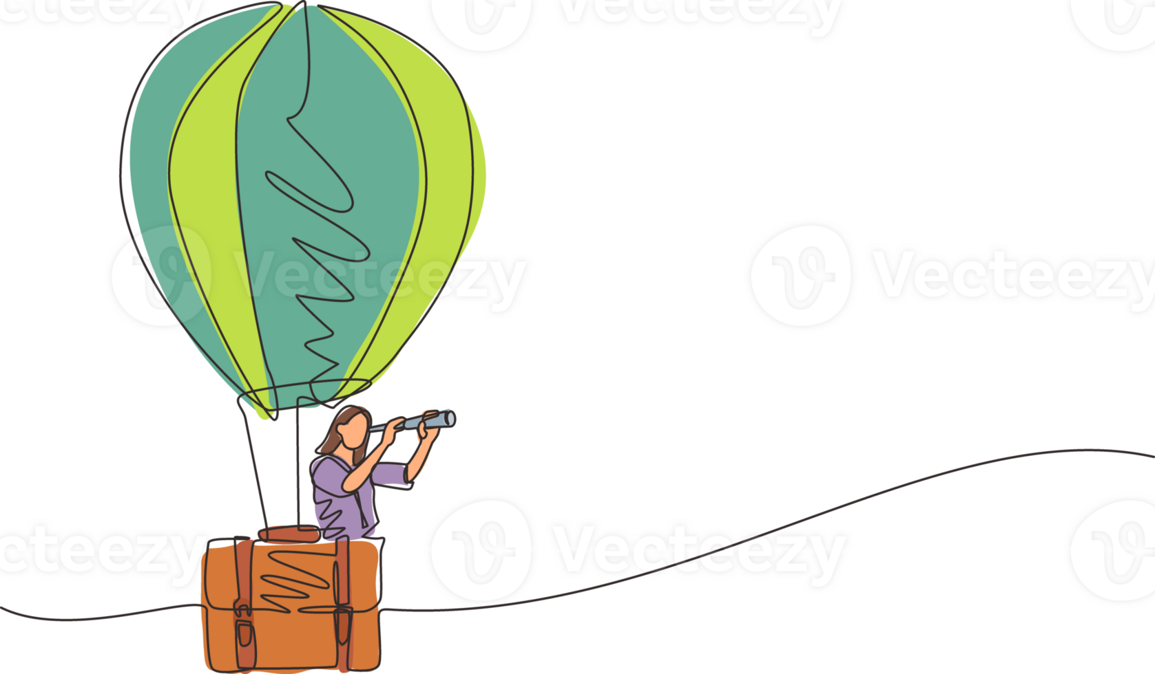 Single continuous line drawing businesswoman looking through telescope in hot air balloon briefcase. Female in suitcase balloon search to success. Business travel. One line draw graphic design png