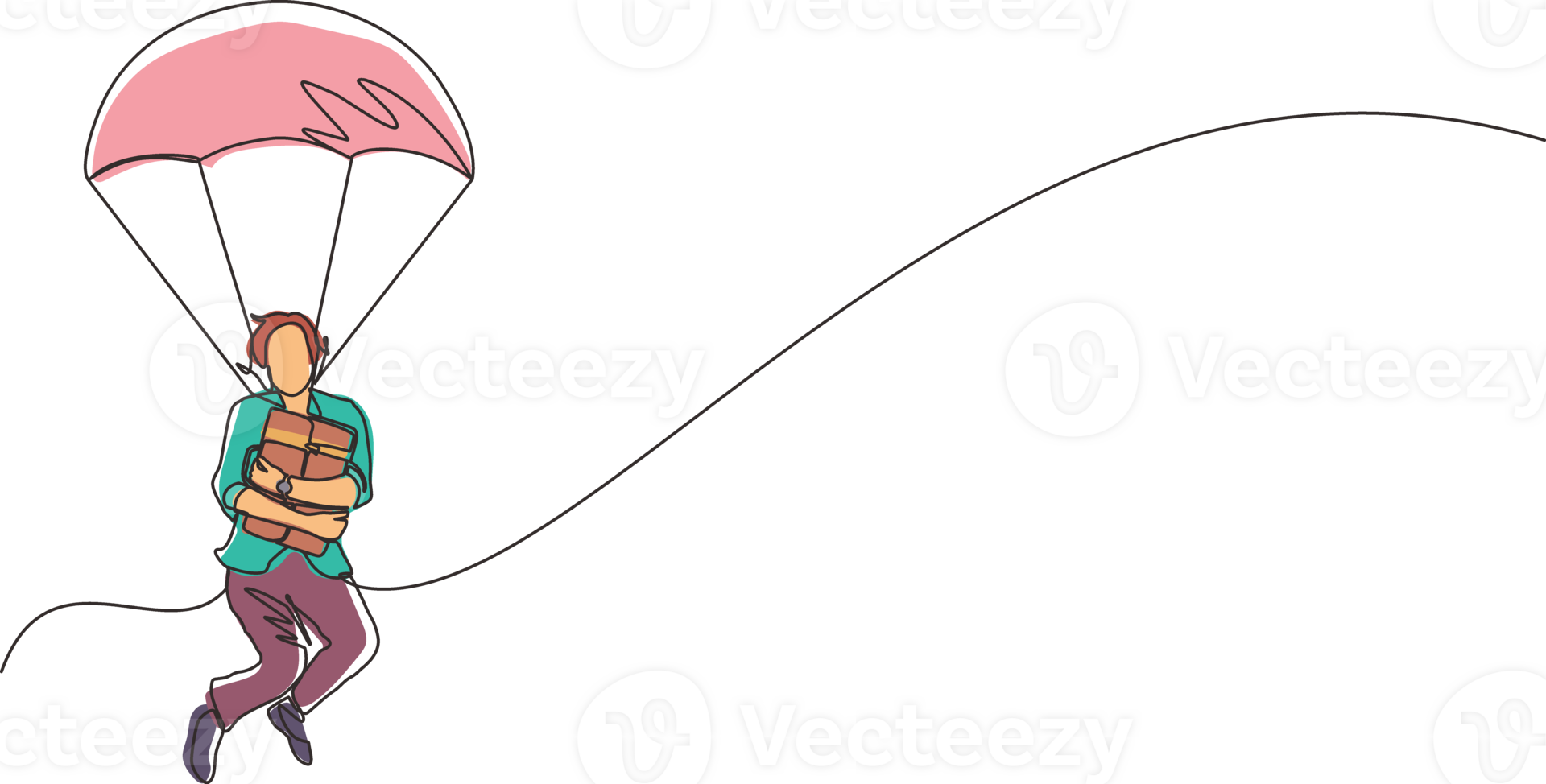 Single einer Linie Zeichnung Geschäftsfrau halten Aktentasche und Springen mit Fallschirm. Geschäft Menschen Fallschirmspringer Risiko Achtung und Sicherheit Konzept. kontinuierlich Linie zeichnen Design Grafik Illustration png