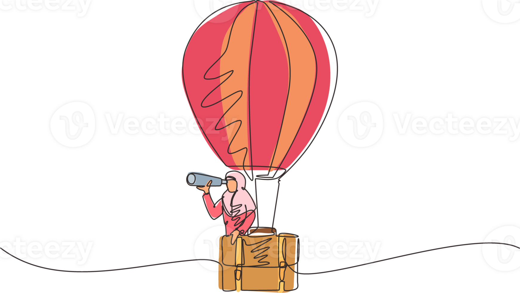 Continuous one line drawing Arabian businesswoman looking through telescope in hot air balloon briefcase. Female in suitcase balloon search to success. Business travel. Single line draw design png