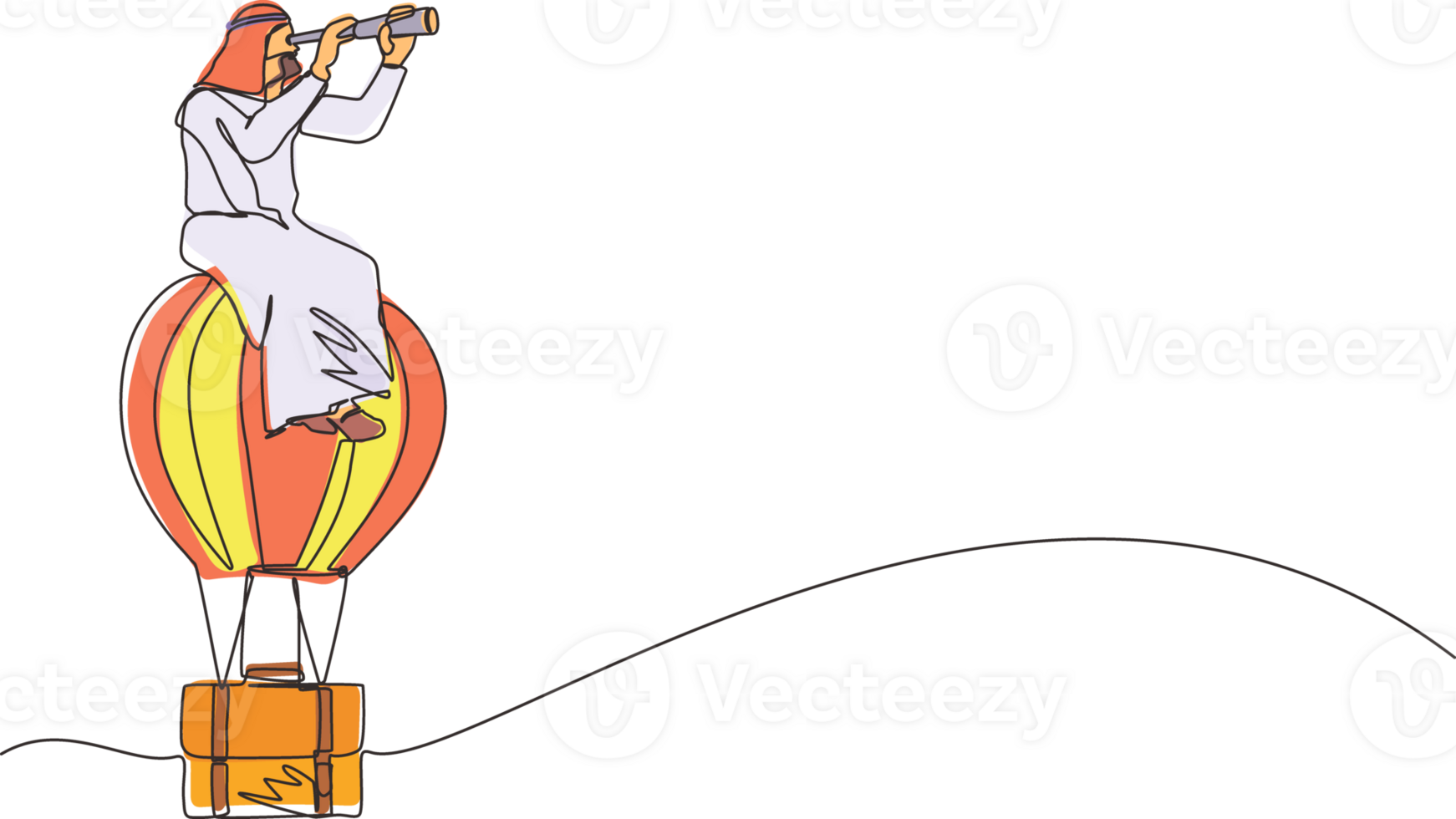 Single one line drawing Arab businessman sitting and looking through telescope in hot air balloon briefcase. Male in suitcase balloon search to success. Business travel. Continuous line design png