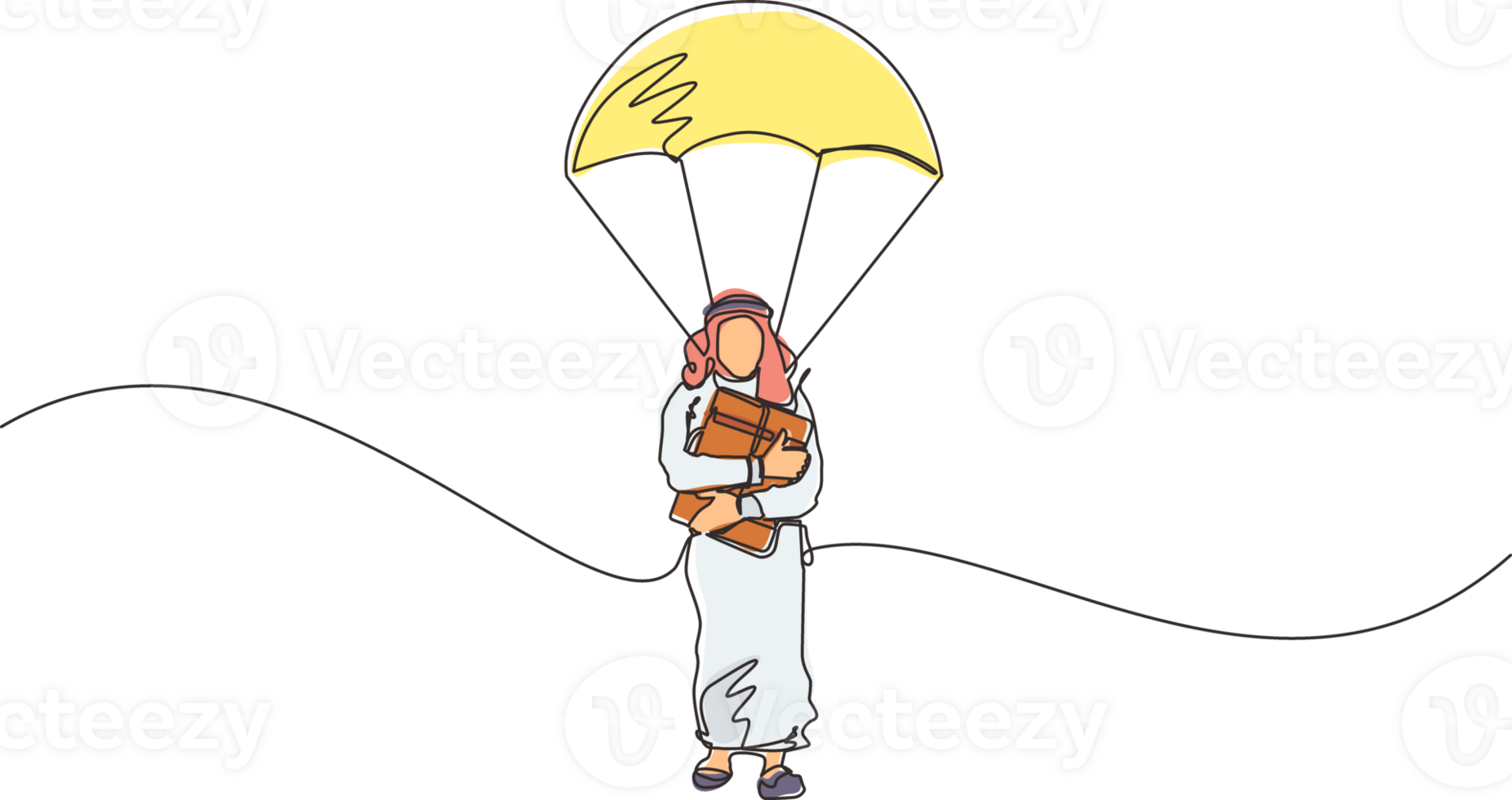 Single continuous line drawing Arab businessman holding briefcase and jumping with parachute. Business people skydiver risk danger and safety concept. One line draw graphic design illustration png