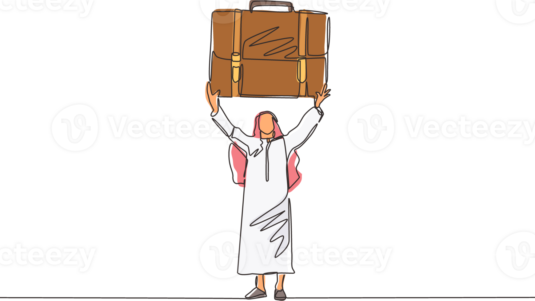 Single one line drawing Arabian manager or businessman raises big briefcase. Business person has achieved success. Rejoices in success. Modern continuous line draw design graphic illustration png