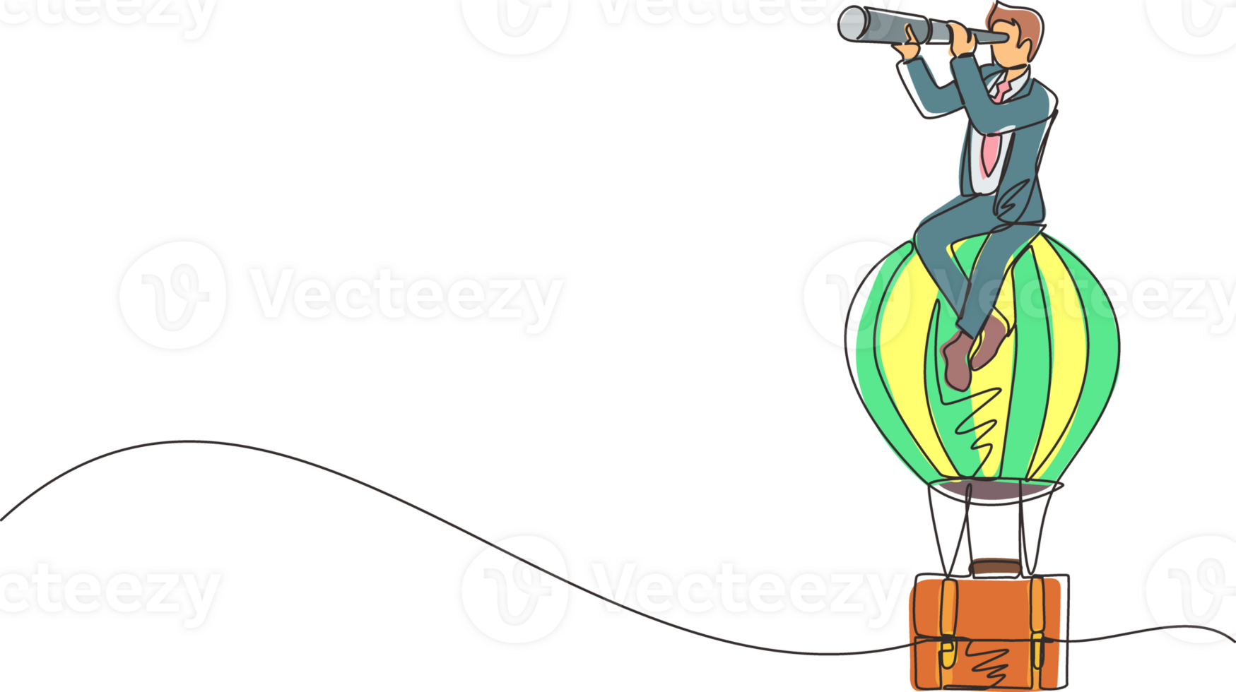 Single one line drawing businessman sitting and looking through telescope in hot air balloon briefcase. Male in suitcase balloon search to success. Business travel. continuous line draw design png