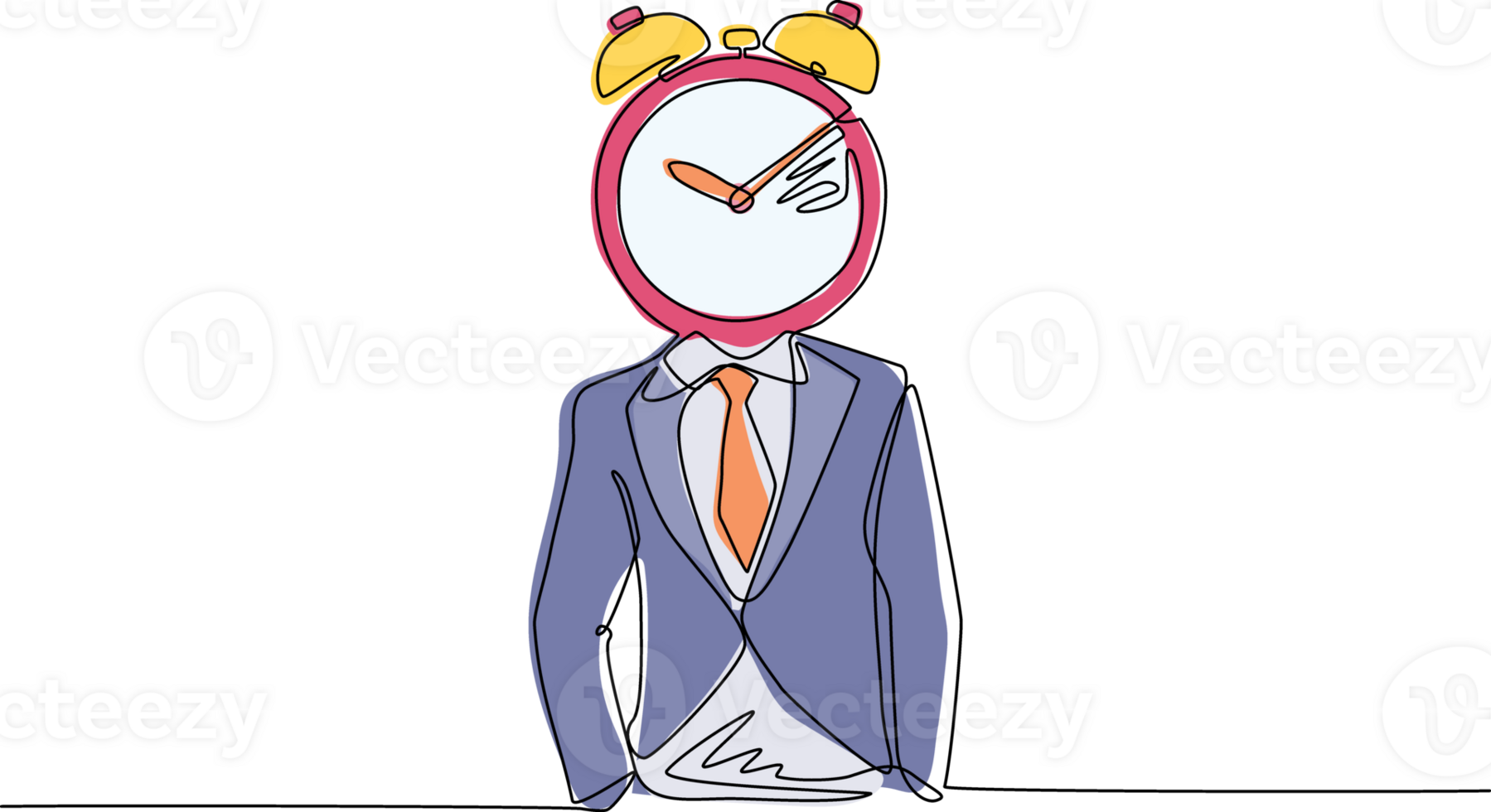 Single one line drawing upset businessman with clock instead of head, concept for stress, time pressure, headache, depression. Time management. Continuous line draw design graphic illustration png